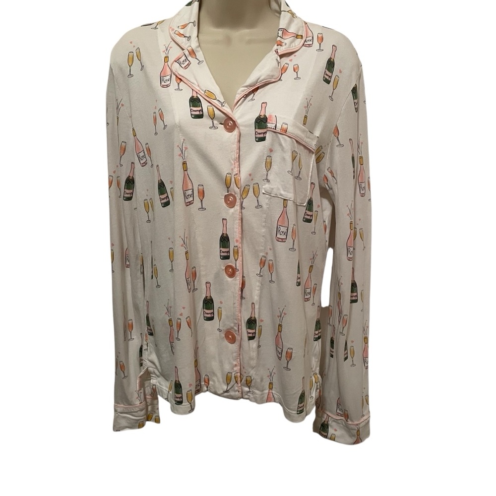 PJ Salvage Pajama‎ Shirt Top Women Medium CHEERS Wine bottles